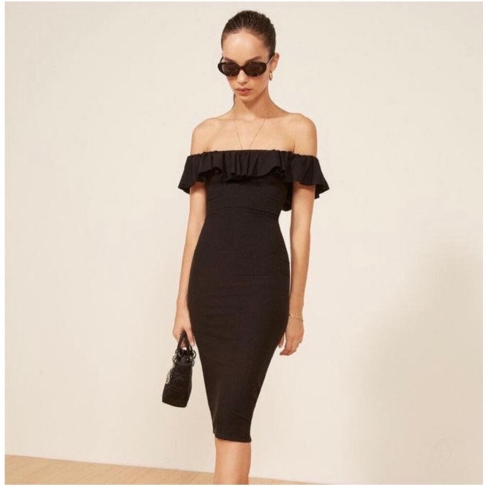 Reformation Bettina Black Knit Off-Shoulder Ruffle Midi Dress Size M - Picture 2 of 7